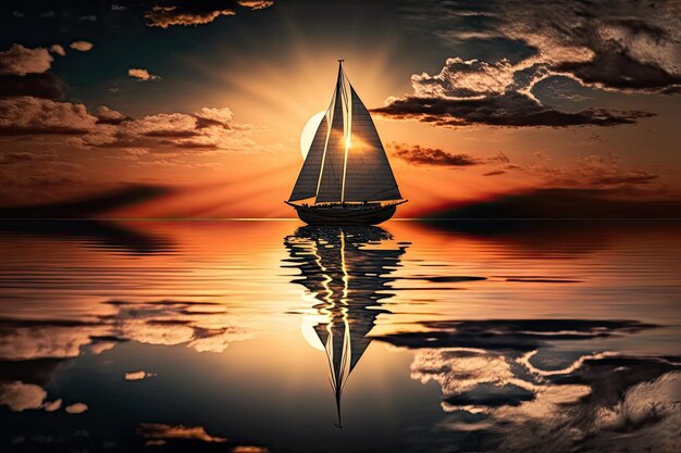 Photo sailboat skimming across the water reflecting sunset sky created with generative ai