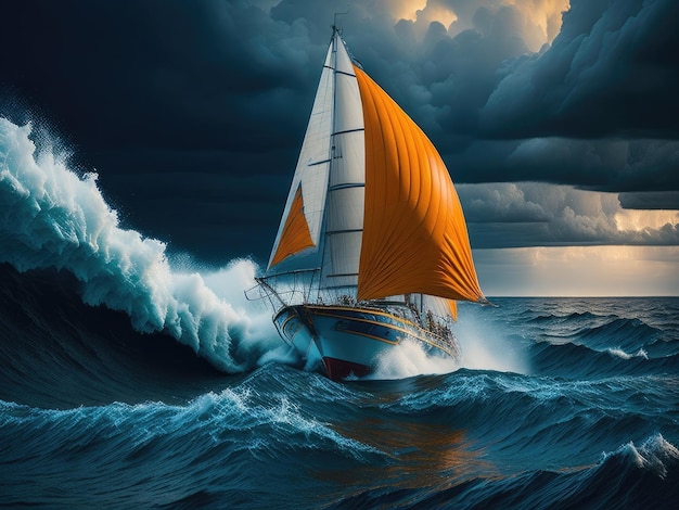 Sailboat in the storm sea ai generative