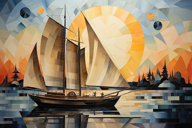 Photo sailboat in the style of cubist landscapes