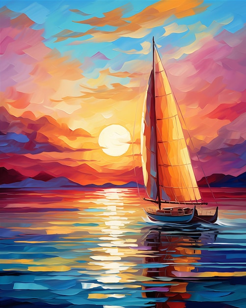 Sailboat at Sunset Ocean Painting