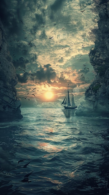 sailboat at sunset between two cliffs