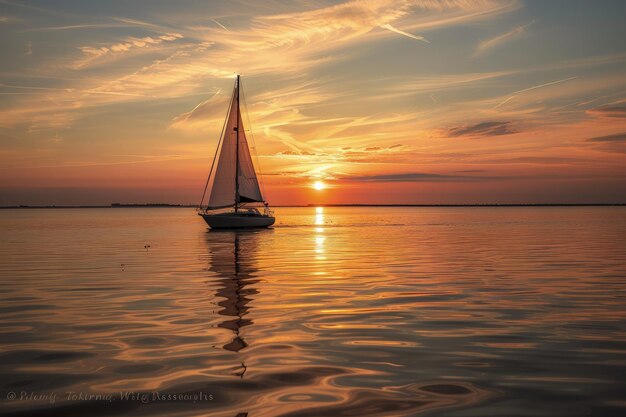 A sailboat in the water at sunset