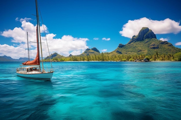 A sailboat on the water with mountains in the background