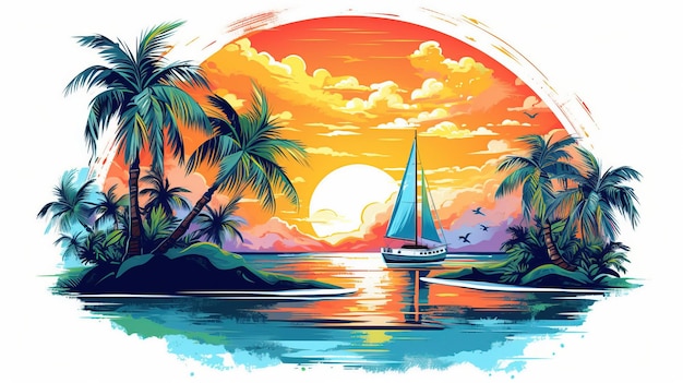 A sailboat on the water with palm trees and sunset Generative AI Art