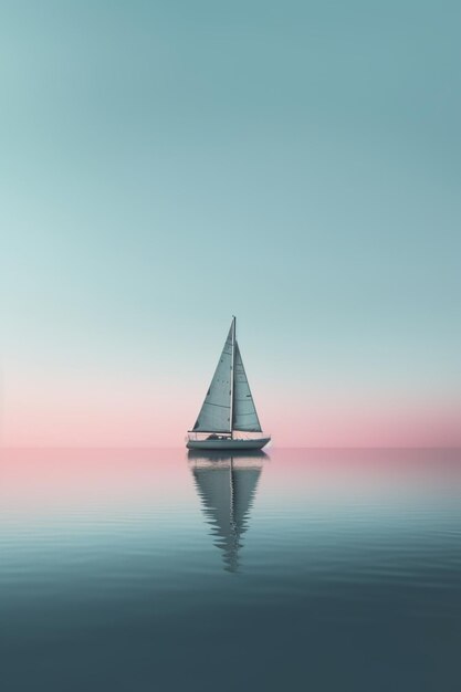 A sailboat on the water with a pink sky in the background.