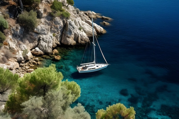 A sailboat in the water with trees in the background