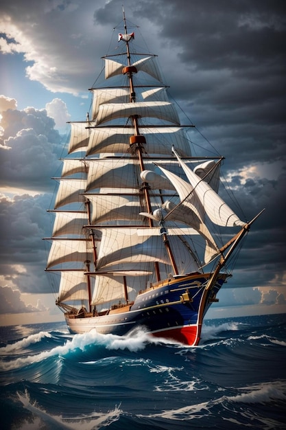 A sailboat with a blue sail is sailing in the ocean.