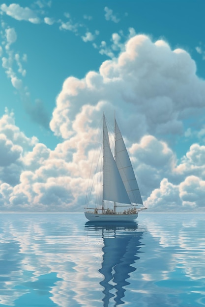 A sailboat with a cloudy sky and a sailboat in the water.