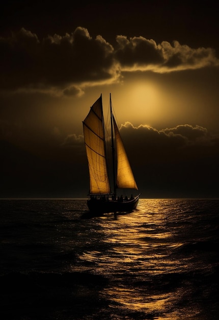 A sailboat with the moon in the background