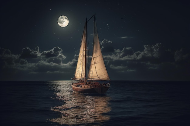 A sailboat with the moon in the background
