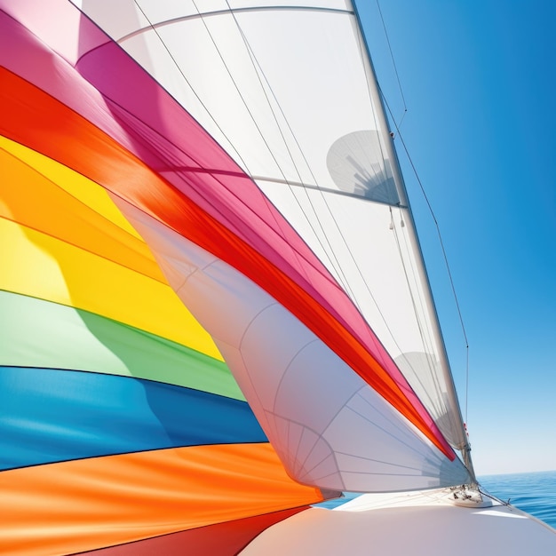 A sailboat with a rainbow colored sail on the water