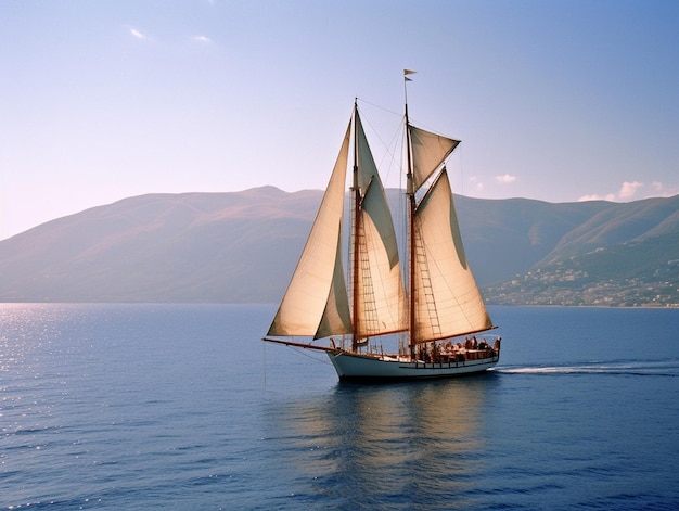 a sailboat with the sails down in the water.