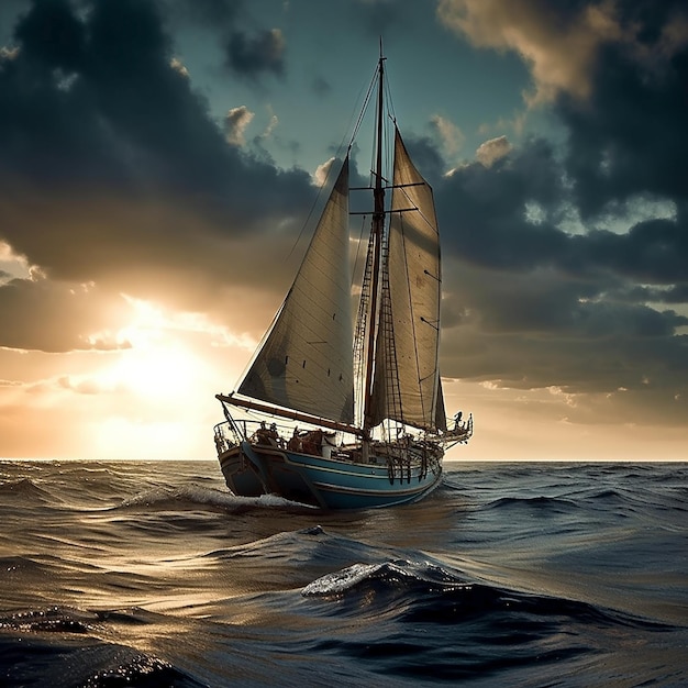 A sailboat with sails sails in the ocean with the sun setting behind it.