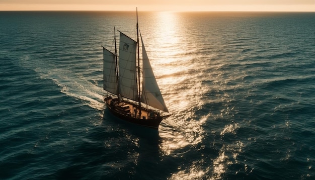 A sailboat with sails sails in the ocean