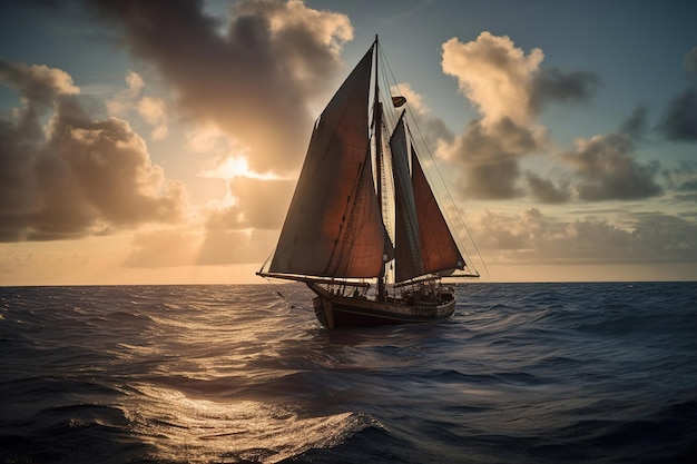 A sailboat with sails sails in the ocean.