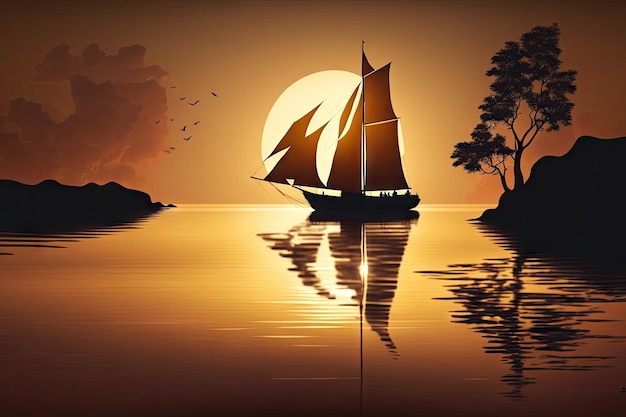 Sailboat with silhouette against the setting sun on a tranquil lake created with generative ai