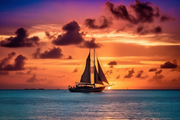 A sailboat with the sun setting behind it