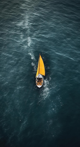 A sailboat with a yellow sail is floating on the water.