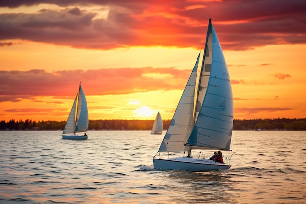 背景に夕焼けがある湖の帆船