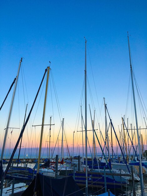 Sailboats moored at harbor against clear blue sky