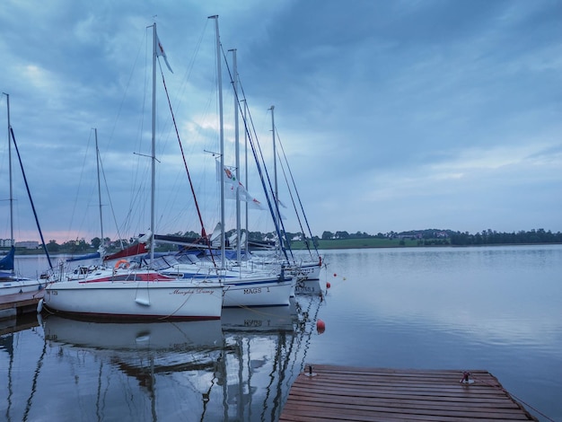 Sailboats moored at harbor against sky