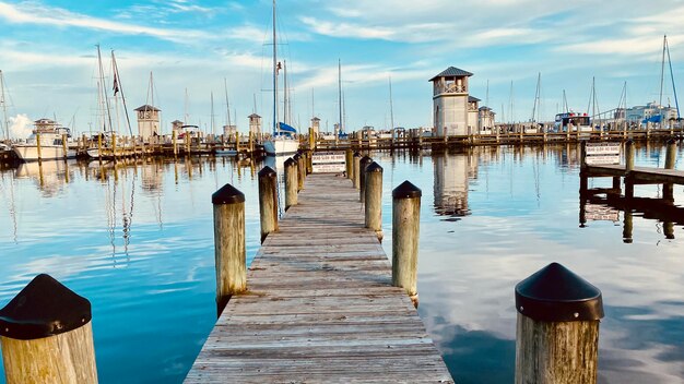 Sailboats moored in harbor against sky