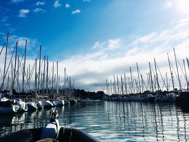 Sailboats moored at harbor against sky