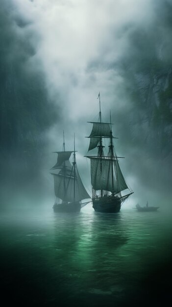 sailboats sail in the sea fog near the rocky coast