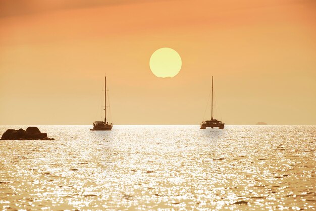 Sailboats in sea against sky during sunset