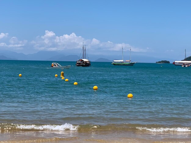 Sailboats in sea against sky