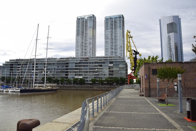 Sailboats in the water channel in the Puerto Madero district of Buenos Aires