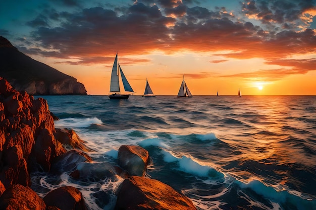 Foto barche a vela sull'acqua con il sole che tramonta dietro di loro.