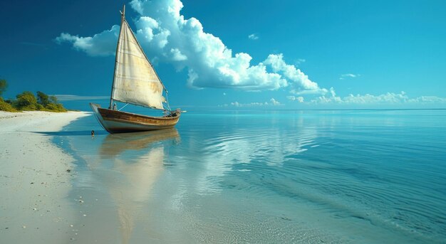 Foto barca a vela sulla calma sabbia blu sulla spiaggia