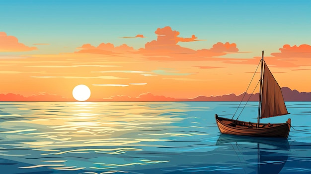 A sailing boat in the sea in colorful vector style