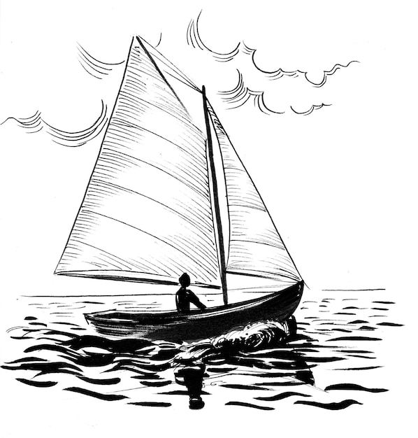 Sailing boat in the sea. Ink black and white drawing