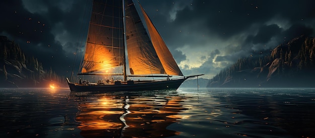 Sailing boat in the sea at night