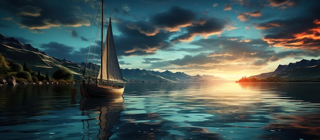 Sailing boat in the sea at sunset