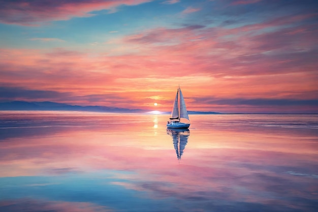 Foto barca a vela al tramonto bellissimo paesaggio marino composizione della natura