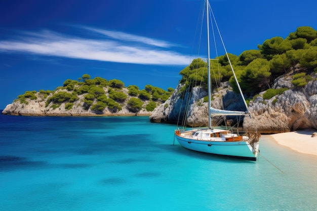 スペイン マヨルカ島のターコイズ ブルーの海の帆船帆船ヨットのある美しいビーチ カラ マカレレータ メノルカ島スペイン AI 生成