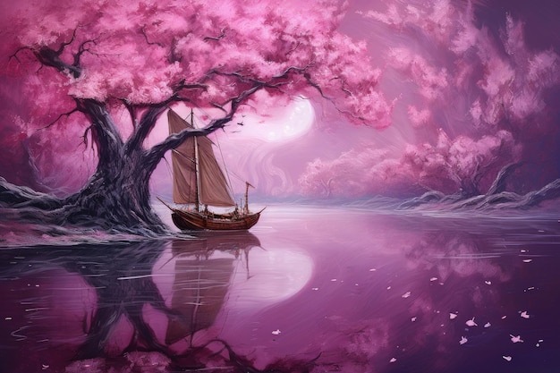 Sailing boat in the water with beautiful pink cherry blossom tree a yacht with cherry tree sails in a deep purple pond surrealist post impressionism high detail AI Generated