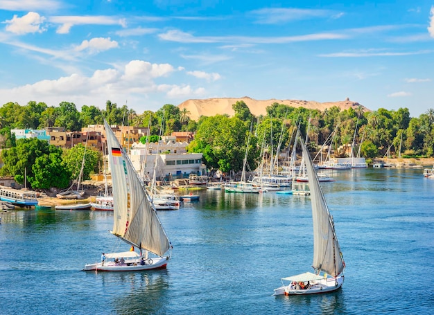 Sailing boats on Nile river in Aswan Egypt