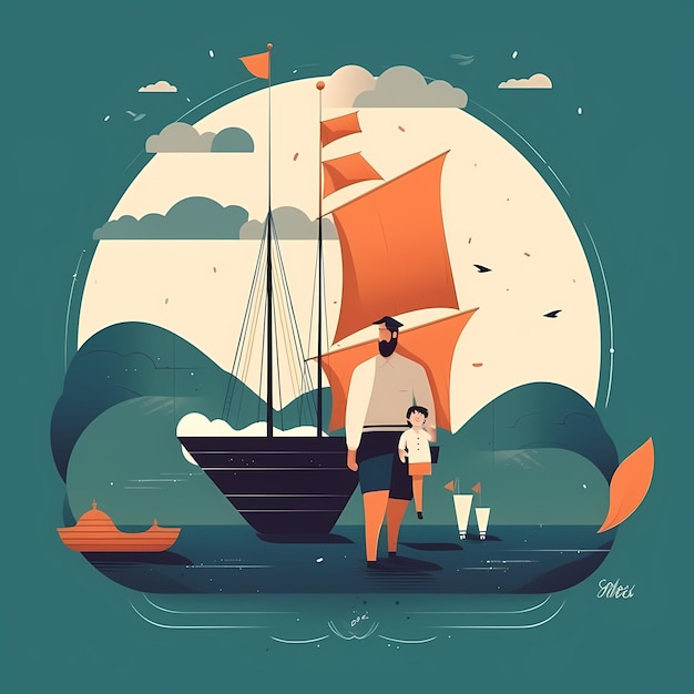 Sailing illustration happy life father and son illustration father's day simple and minimalistic drawing