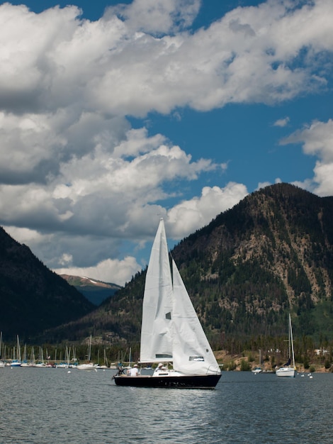 Sailing on mountain lake in the Rocky Mountains. Lake Dillon, Colorado