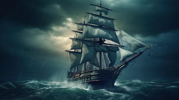 Sailing old ship in a storm sea AI generated image