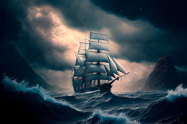 Sailing old ship in a storm sea in the background