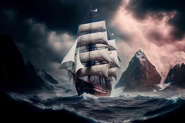 Sailing old ship in a storm sea in the background