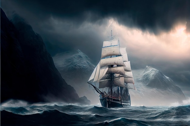 Sailing old ship in a storm sea in the background