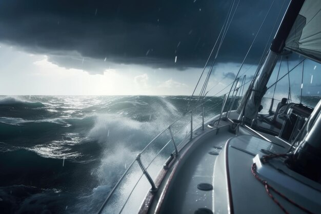 Sailing a sailboat or yacht on ocean during extreme storm with big waves POV Generative AI