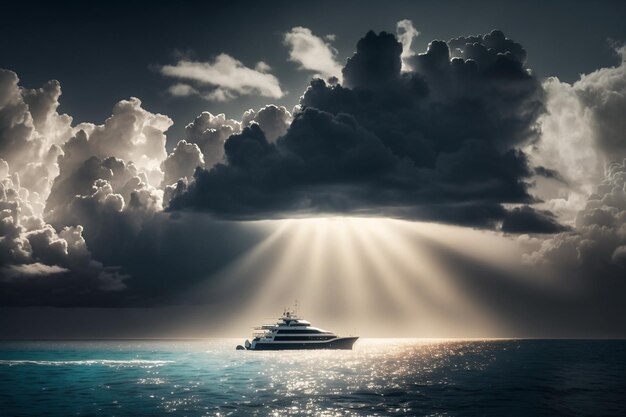 Sailing sea yacht sails under the sun rays from the clouds Generative AI