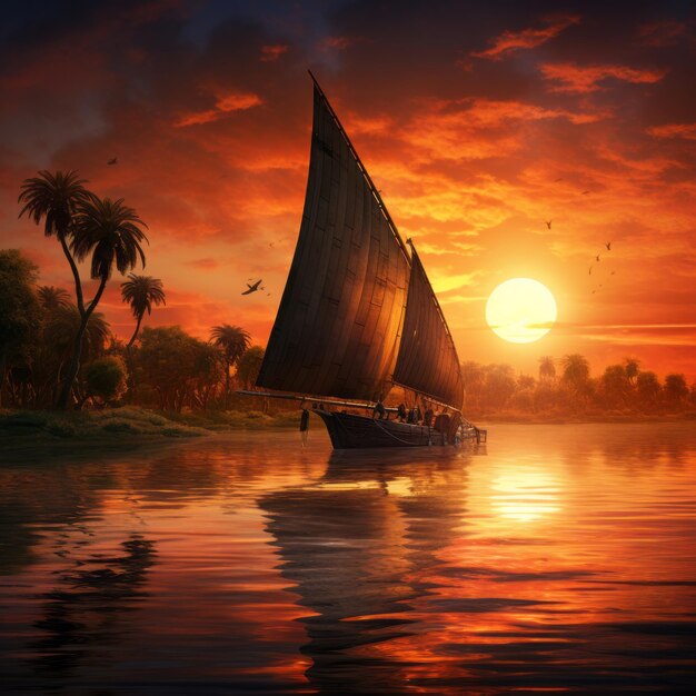 Sailing Serenity Ancient Egypt's Nile Voyage Painted by a Stunning Sunset